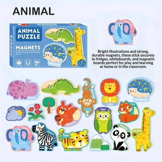 Magnetic animal puzzle set displayed on kids wall