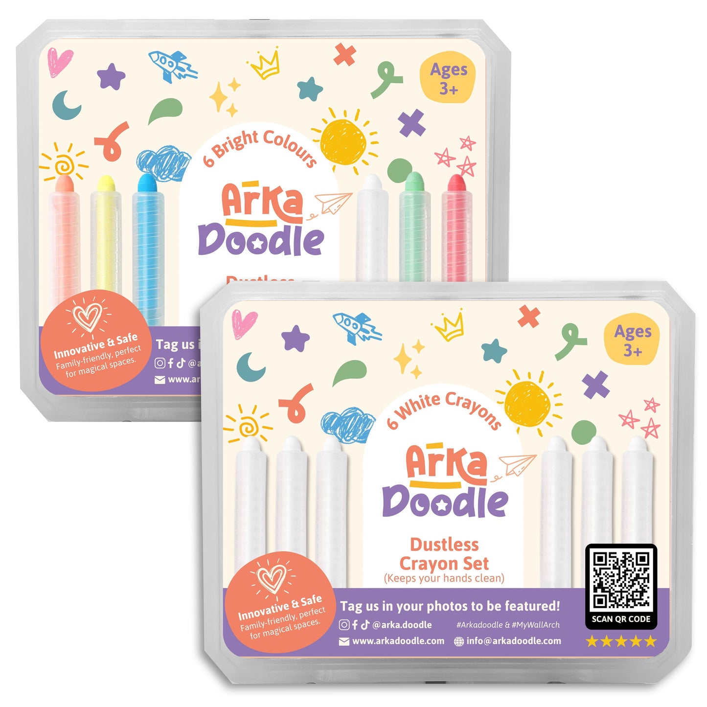 12 Pack Multicoloured & White Dustless Chalk Crayons - Arka Doodle