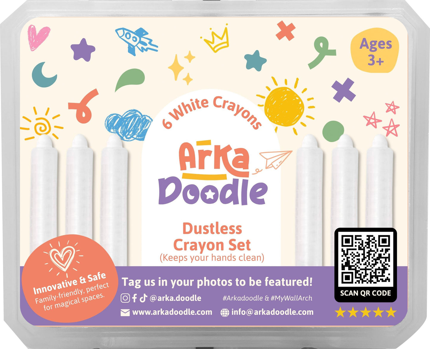 12 Pack Multicoloured & White Dustless Chalk Crayons - Arka Doodle