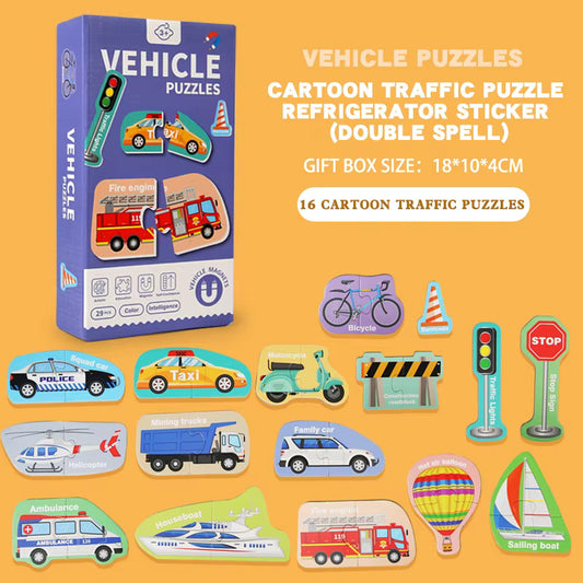 Colorful magnetic letters, numbers, and vehicle pieces