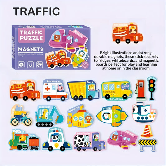 Magnetic traffic puzzle set displayed on kids wall