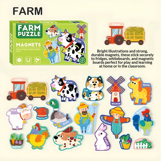 Magnetic farm puzzle set displayed on kids wall