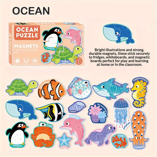 Magnetic ocean puzzle set displayed on kids wall