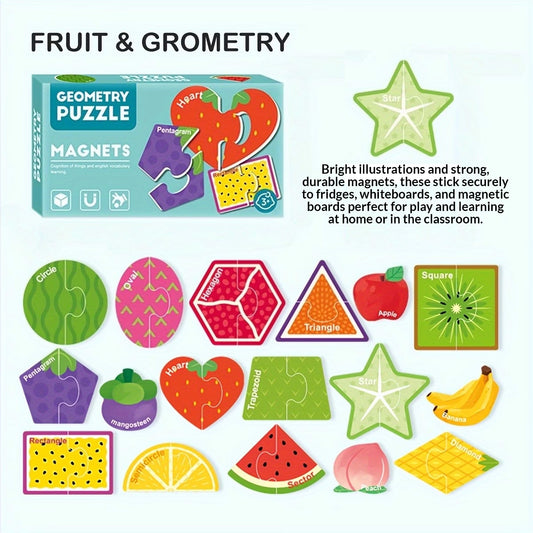 Magnetic fruit shape puzzle set displayed on kids wall