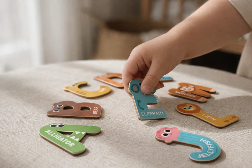 Child playing with magnetic alphabet letters