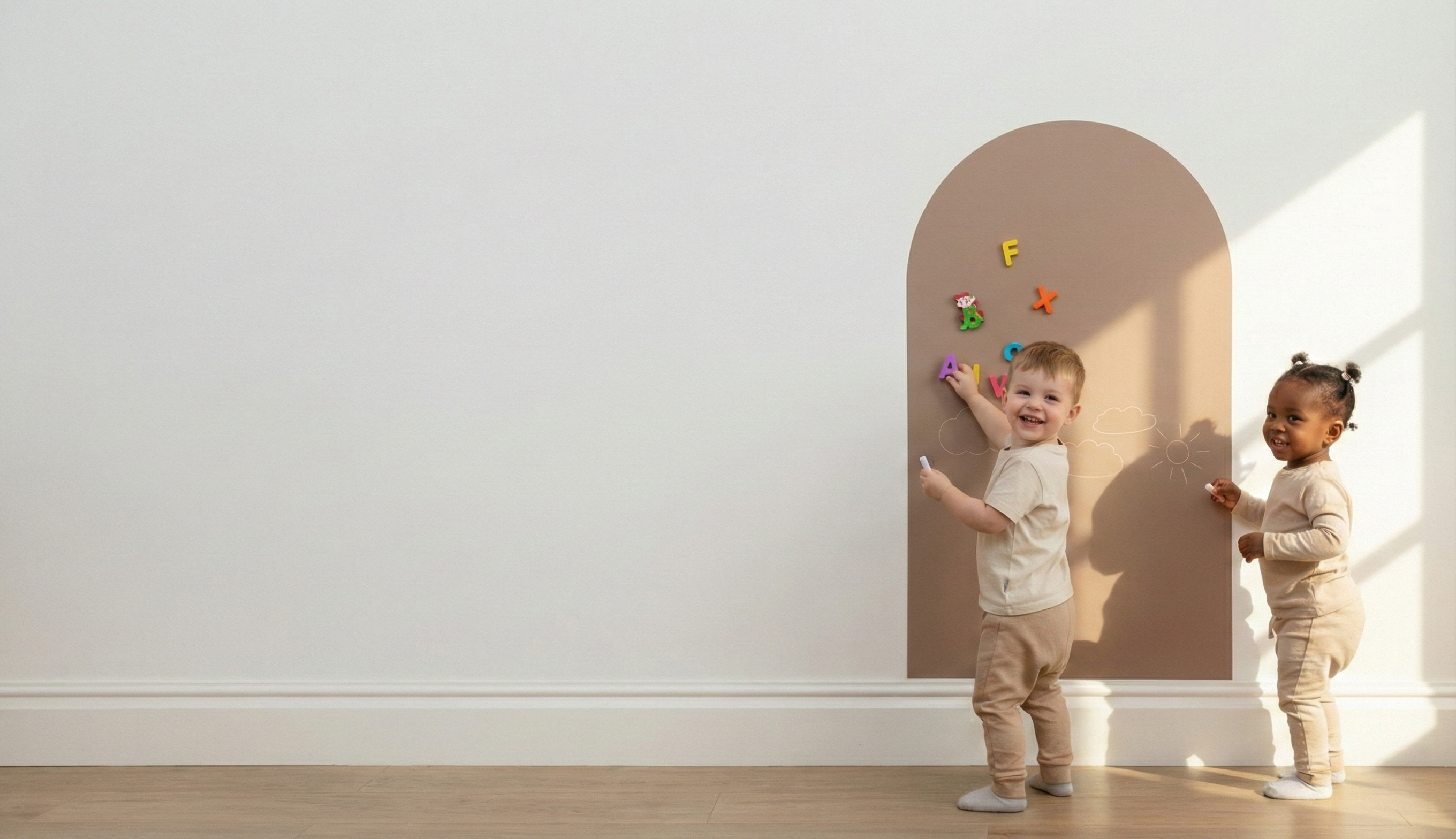 Two children standing in a room with a decorative  wall arch decal on the wall.