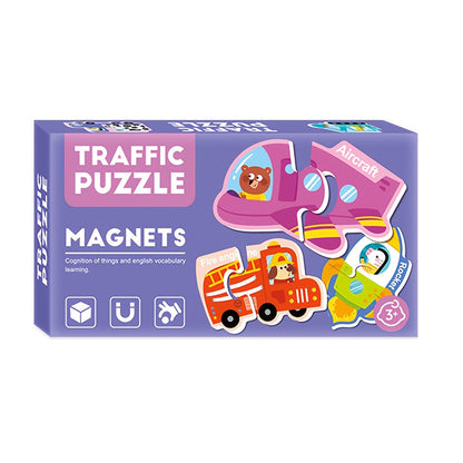 Magnetic traffic puzzle set displayed on kids wall