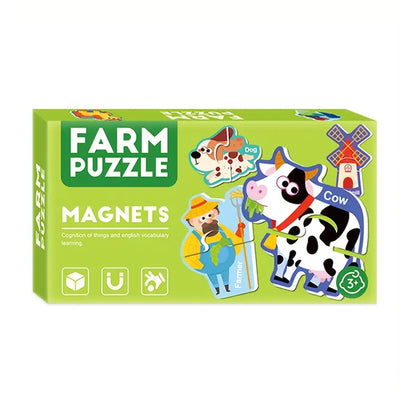 Magnetic farm puzzle set displayed on kids wall