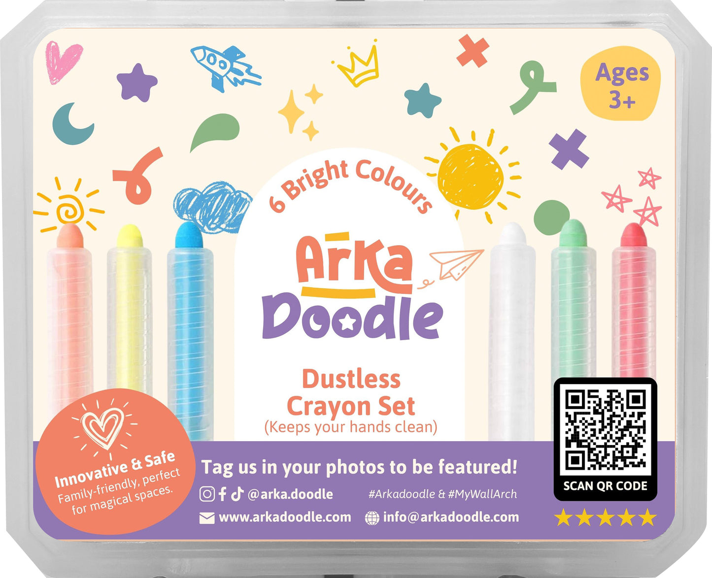 12 Pack Multicoloured & White Dustless Chalk Crayons - Arka Doodle